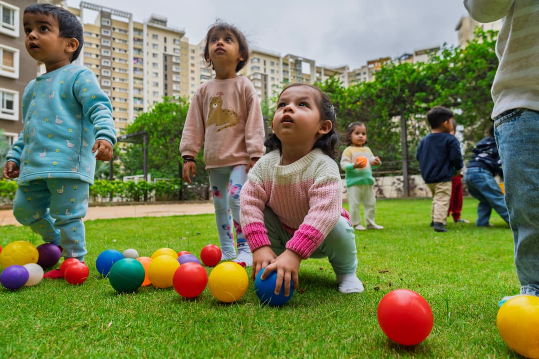 Children playing with colorful balls on a green lawn